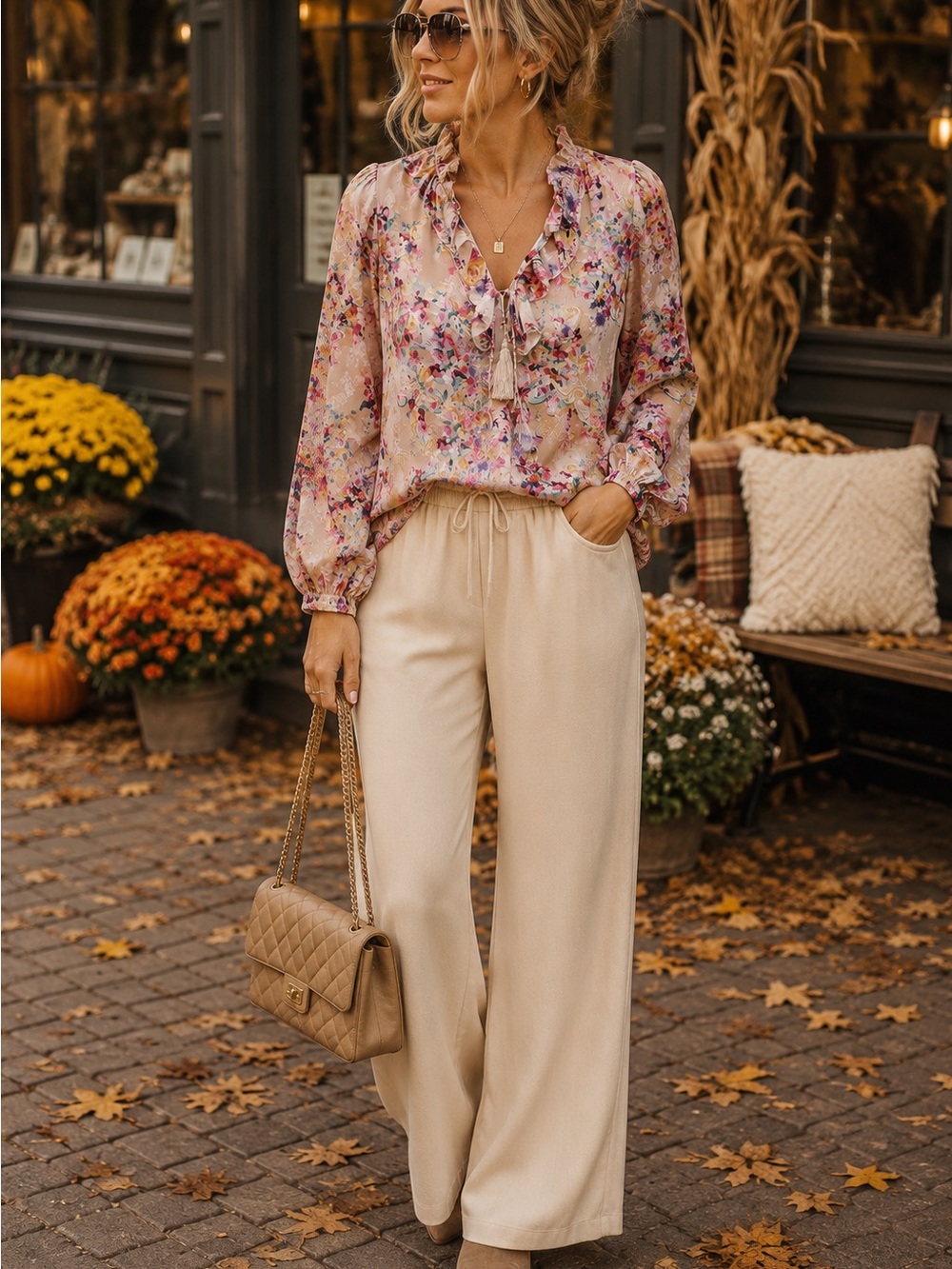Fate Floral Ruffle Tie-Neck Blouse in Pink and Cream
